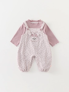 Pink ruffle top and purple floral baby jumpsuit with cute rabbit embroidery detail