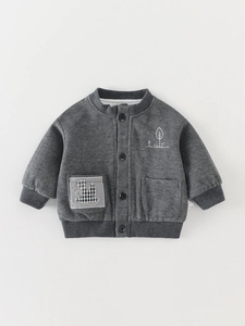 Toddler Boys Autumn Waffle Knit Jacket Korean Style Cartoon Patch Button Up Coat Outerwear Casual Long Sleeve Top