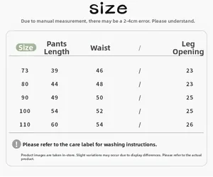 Detailed size chart for kids polka dot pants covering length waist and leg opening data