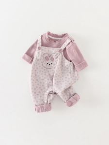 Infant girl cotton set with lotus pink ruffles top and floral overall with rabbit embroidery