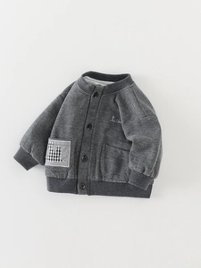 Toddler boy grey waffle knit cardigan with button front and cute rabbit patch detail