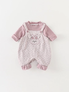Infant two-piece set featuring pink ruffle collar top and floral bunny embroidery overalls
