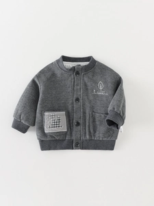 Classic grey waffle knit cardigan for toddler boys with embroidery and front buttons