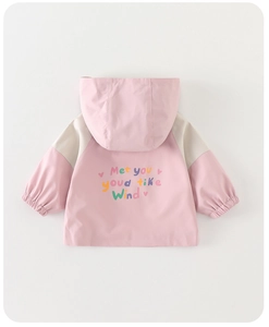 Detail of windproof pink kids jacket back view with colorful decorative English letter print