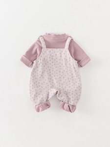 Baby girl floral romper suit with ruffled long sleeve shirt and pink overalls