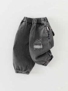Kids Boys Casual Denim Jogger Pants Dark Wash Cotton Blend Elastic Waist Autumn Trousers With House Embroidery Patch Detail