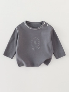 Boys Long Sleeve T-Shirt Cotton Blend Round Neck Shoulder Button Toddler Crewneck Top Bear Clock Print Pullover Tee