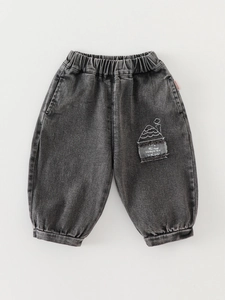 Boy's dark grey jogger jeans with elastic waist and unique house pattern patch