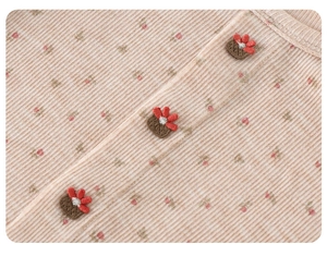 Détail du gilet en maille côtelée rose avec imprimé fleuri et fleurs 3D appliquées