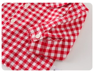 Détail d'une chemise en coton à carreaux vichy rouge et blanc avec col rabattu