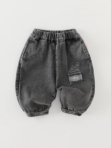 Boys vintage dark grey washed denim joggers with elastic waist and mountain embroidery