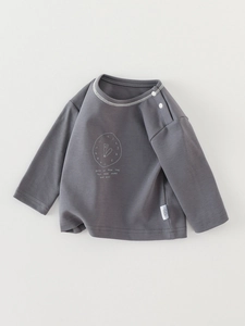 Boys long sleeve dark grey cotton T-shirt with cute bear clock print and shoulder buttons
