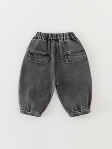 Dark grey washed denim jogger pants for boys with elastic waist and ribbed cuffs