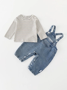 Ensemble de Vêtements d'Automne Style Coréen Bébé Garçon T-Shirt à Rayures Manches Longues et Salopette Denim Coton