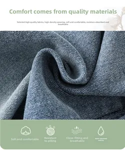 Vue détaillée du tissu denim doux avec icônes de respirabilité et confort