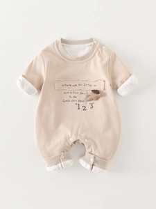 Neugeborenes Baby Strampler Jumpsuit Baumwollmischung Langarm Thermische Kletterkleidung Mit 3D Puppe Grau Für Säuglinge Frühling Herbst