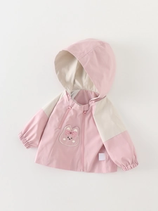 Pink and beige hooded windbreaker jacket for toddler girls with cartoon rabbit patch