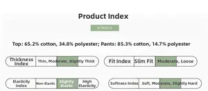 Detailed product index showing fabric composition and material specs for boy's tracksuits