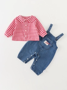 Ensemble 2 Pièces pour Bébé Fille Chemise à Carreaux de Noël et Salopette en Denim Tenue d'Automne Décontractée en Mélange de Coton