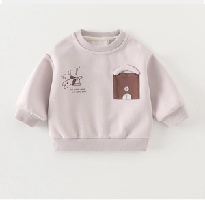 Close-up of boys long-sleeve sweatshirt with cartoon puppy print and a brown patch pocket