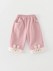 Rosa Baumwollhose für Mädchen mit elastischem Bund und süßer Kaninchen-Bestickung