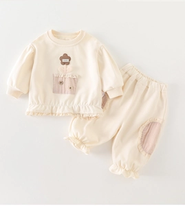Détails de l'ensemble sweat-shirt bébé fille crème avec appliques fleurs et carreaux