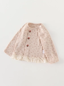 Gilet rose pour filles avec motif floral, bordure en dentelle et boutons fleurs rouges