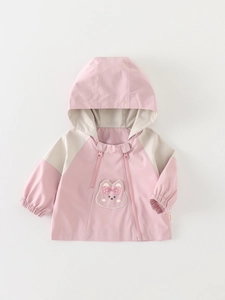 Pink and beige hooded windproof jacket for girls with cute rabbit embroidery patch