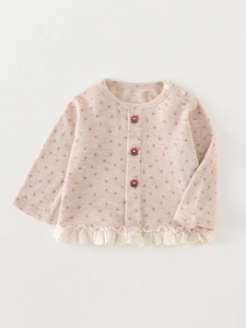 Gilet rose à manches longues pour filles avec motif floral et bordure en dentelle
