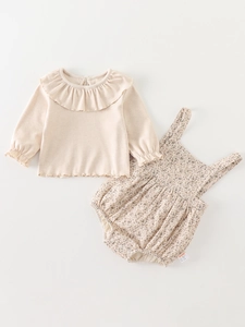 Baby Mädchen Herbst Zweiteiliges Outfit Langarm Hemd Mit Rüschenkragen Und Blumen Hosenträger Strampler Baumwollmischung