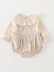 Beigefarbener Baby-Strampler mit Rüschenkragen und Blumenhose, langärmeliges Baumwollset