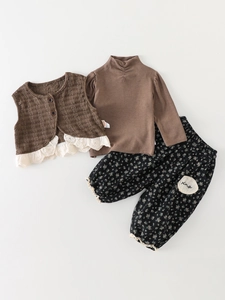 Vintage Toddler Girls Clothing Outfit Floral Pants Lace Vest High Neck Top Cotton Blend For Spring Autumn Daily Wear