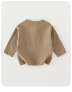 Detailed view of long-sleeve cotton T-shirt for baby boys in warm khaki brown fabric