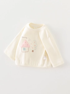 Maglia a maniche lunghe in cotone per bambina con stampa di casa cartoon e morning