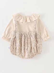 Zweiteiliges Baby-Mädchen Herbst-Outfit mit Rüschenkragen-Oberteil und Blumen-Strampler