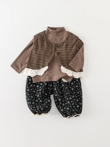 Girl's 3-piece autumn set with lace vest, long sleeve top and floral print pants