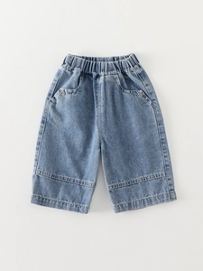 Classic blue denim shorts for toddlers featuring an elastic waist and metal button details