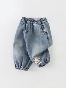 Pantalon en Denim Bébé Filles Garçons Broderie Lapin Taille Élastique Lavage Bleu Clair Mélange de Coton Jeans Enfant