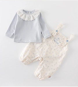 Detail of floral baby overalls with lace-trim shirt and convenient snap buttons