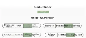 Detailed chart showing 100% polyester fabric material and product performance index