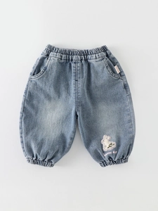 Pantalon en jean bleu clair pour filles avec broderie lapin et taille élastique confortable
