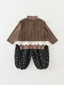 Three-piece girls' autumn outfit with brown vest, top, and floral bloomers