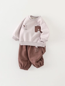 Toddler boys long-sleeve sweatshirt and pants set with cute puppy and house embroidery