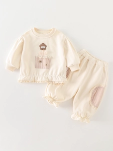 Fillettes Sweat et Pantalon Manches Longues Mélange Coton Fleurs Bordure Dentelle Tenue Décontractée pour Bébé