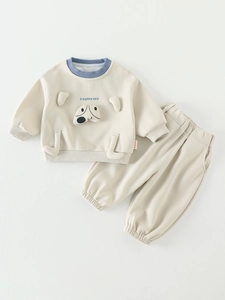 Baby Jungen Herbst Kleidung Zweiteiler Cartoon Hund Sweatshirt Und Jogginghose Baumwollmischung Kleinkind Outfit Beige Blau