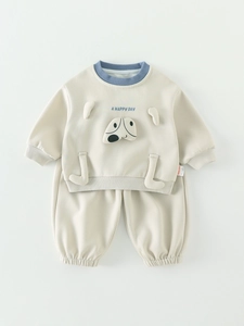 Kleinkinder Trainingsanzug mit Cartoon-Hund Sweatshirt und Hose in Creme und Blau