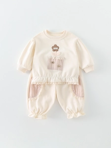 Ensemble deux pièces mignon en crème avec sweat-shirt brodé et pantalon pour filles