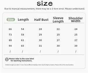 Detailed sizing chart for baby rompers with measurements for length and chest size