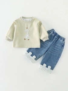 Baby Girls Giraffe Sweatshirt And Floral Trim Denim Jeans Set Ruffle Shoulder Long Sleeve Fall Outfit
