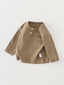 Khaki long sleeve toddler t-shirt with henley neck and fork spoon embroidery on pocket